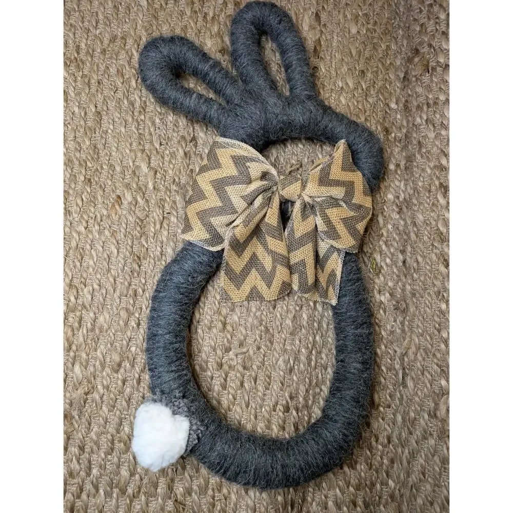 Easter Bunny Shaped Holiday Gray Wreath Brown Ribbon Bow Door Decor 26